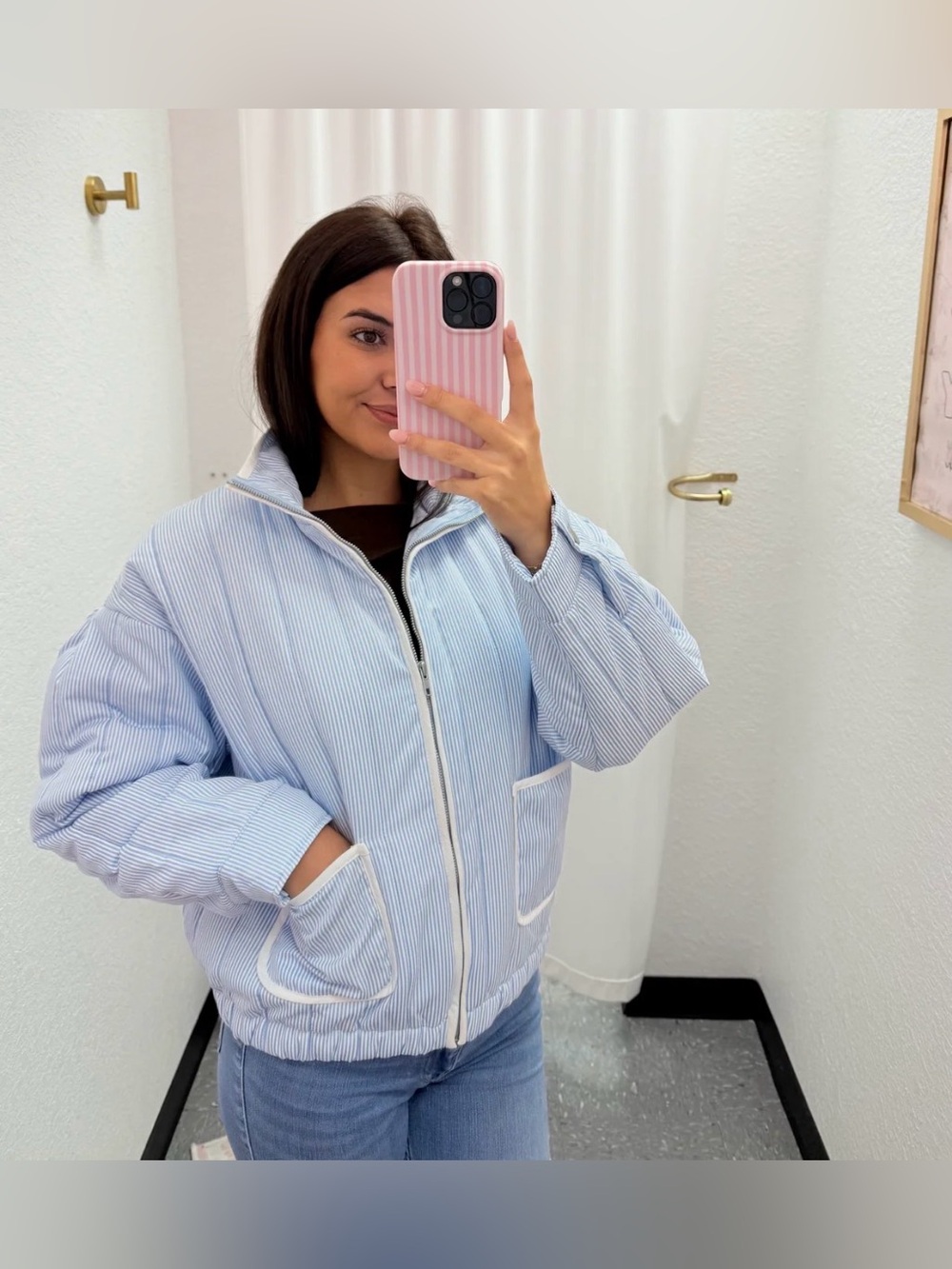 Light Blue Striped Puffer Jacket